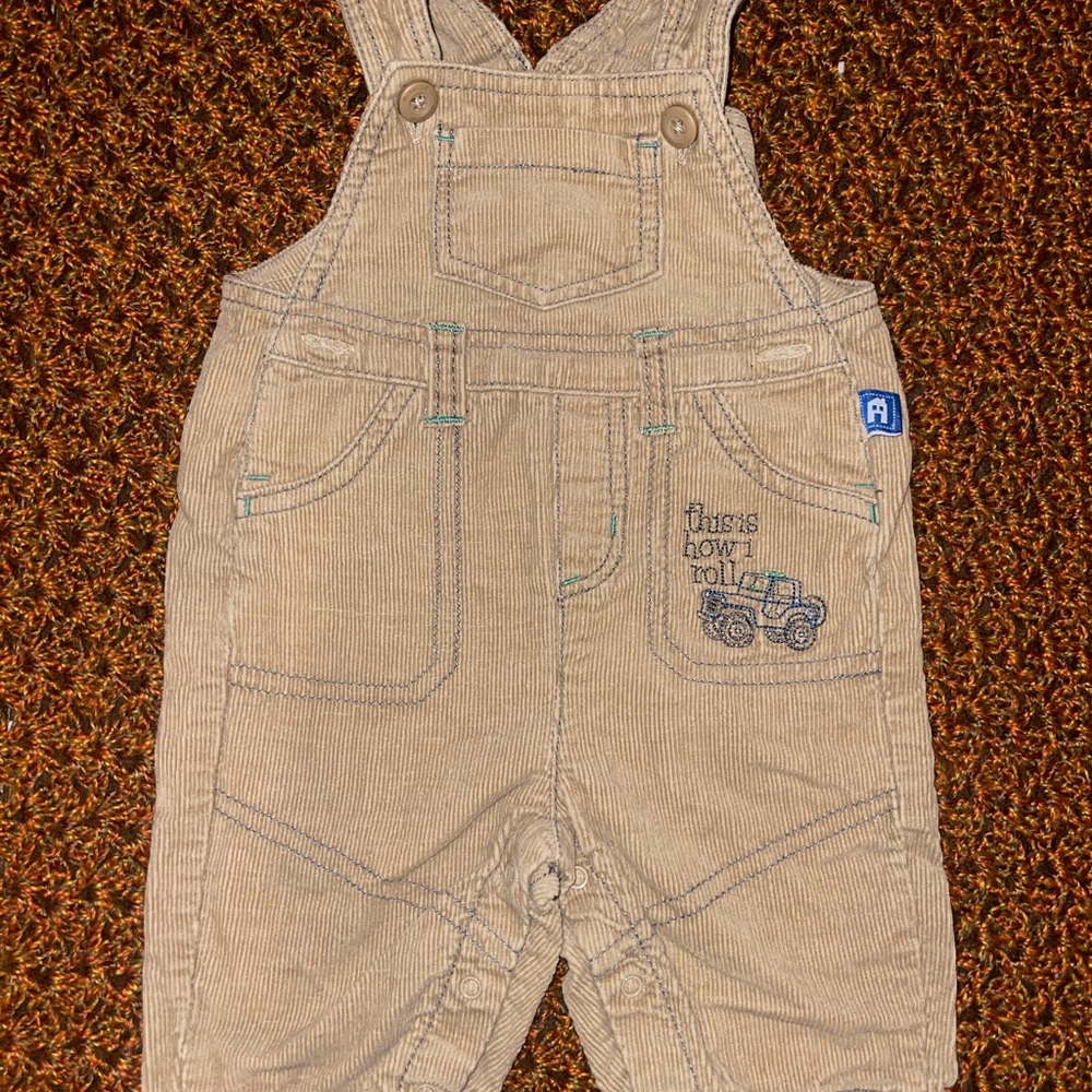 Kids Tan corduroy Overalls with Embroidered Jeep 3 months